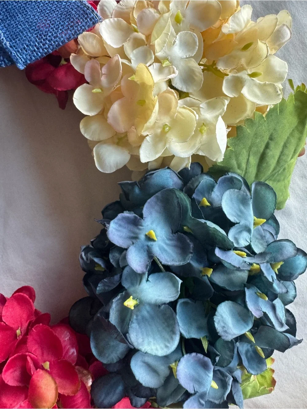 Holiday Hydrangea Wreath in Cream, Red, and Blue